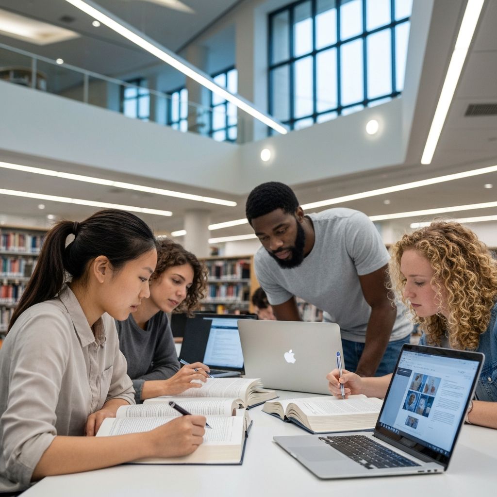 Students studying in modern university library